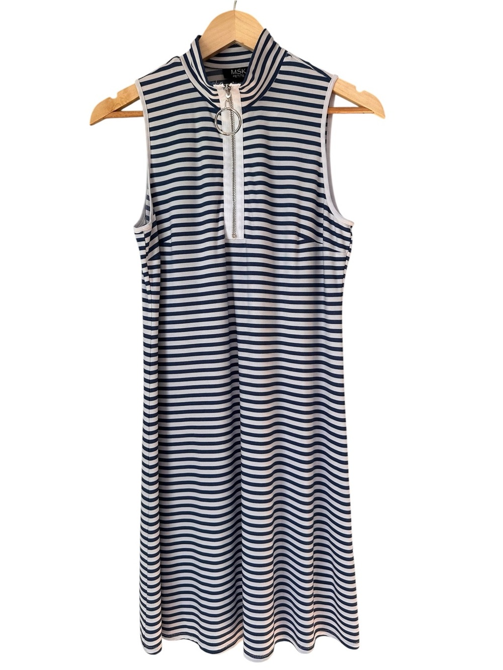 MSK Petite Navy & White Striped Zip Mock Neck Midi Dress, Petite Medium